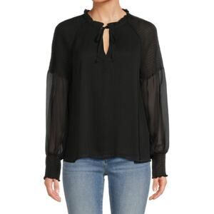 Ellen Tracy Black Raglan Sleeve Smocked Trim Blouse Size Medium NWT